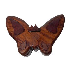 Hand-Carved Wooden Butterfly Puzzle Box With Hidden Compartment AS IS